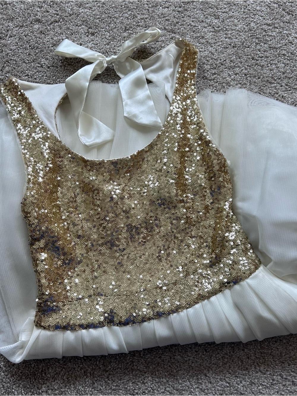B. Darlin Girls Gold Sequin & Ivory Tulle Party Dress Bow Back Size 7/8 Juniors - Picture 11 of 12